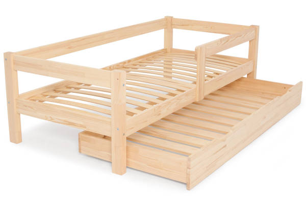 Łóżko drewniane z szufladą materacem i baldachimem 80x190 - sosna/zielony